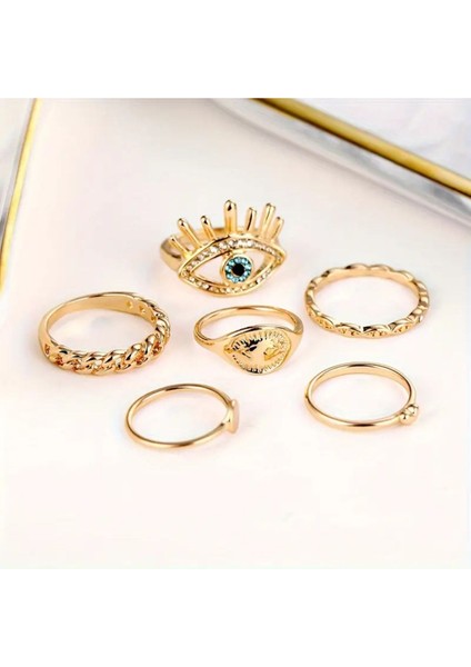 Zelura - 6 Adet Kristal Taşlı Nazar Şeytan Gözlü Tasarım Vintage Çoklu Gold Altın Yüzük Seti