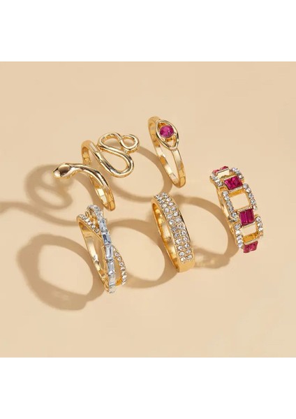 Solea - 5 Adet Parlak Pembe Taşlı Yılan Figürlü Tasarım Retro Şık Çoklu Gold Altın Yüzük Seti