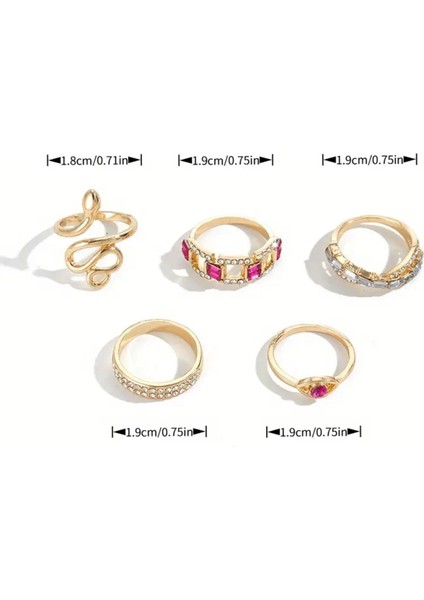 Solea - 5 Adet Parlak Pembe Taşlı Yılan Figürlü Tasarım Retro Şık Çoklu Gold Altın Yüzük Seti
