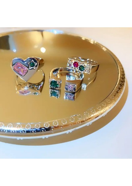 Pivel Gümüş - 3 Adet Renkli Parıldayan Taşlı Kalp Figürlü Tasarım Vintage Çoklu Silver Yüzük Seti fiyatları