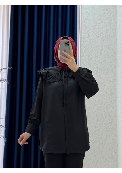 Tirelle Yakası Fırfır Detaylı GÖMLEK-EU2918 Siyah