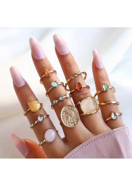 Warm - Ay Taşlı Altın Pastel Renkli 13 Parça Boho Retro Vintage Çoklu Lüks Yüzük Seti