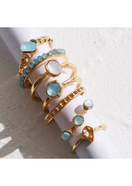 Azure Gold Altın Renkli Kristal Mavi Taşlı Şık Modern Bohem 7 Parça 7'li Yüzük Seti
