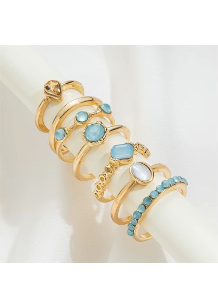Azure Gold Altın Renkli Kristal Mavi Taşlı Şık Modern Bohem 7 Parça 7'li Yüzük Seti fırsatları