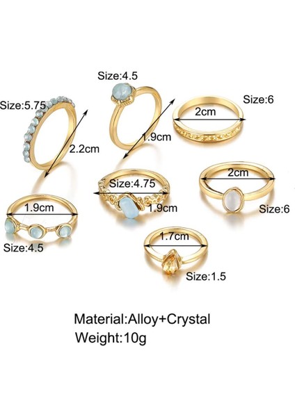 Azure Gold Altın Renkli Kristal Mavi Taşlı Şık Modern Bohem 7 Parça 7'li Yüzük Seti indirimleri