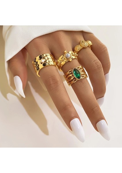 Crown 4 Adet Gold Renkli Yeşil Taşlı Retro & Vintage Tasarım Çoklu Altın Yüzük Seti