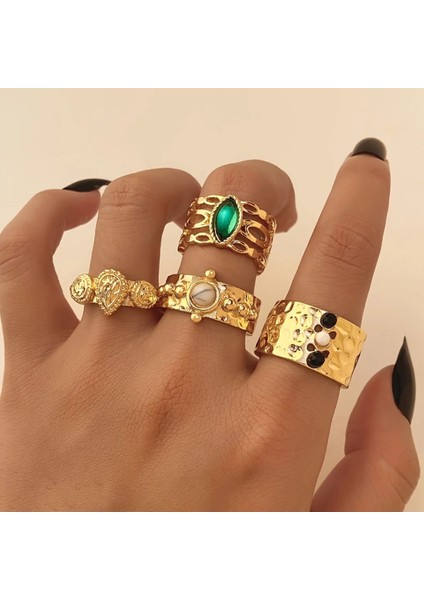 Crown 4 Adet Gold Renkli Yeşil Taşlı Retro & Vintage Tasarım Çoklu Altın Yüzük Seti fiyatları