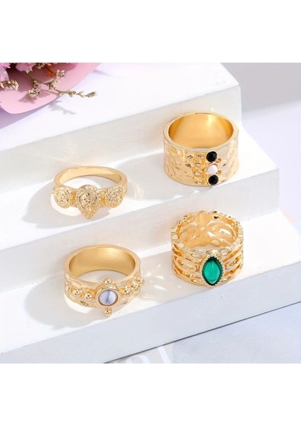 Crown 4 Adet Gold Renkli Yeşil Taşlı Retro & Vintage Tasarım Çoklu Altın Yüzük Seti fırsatları