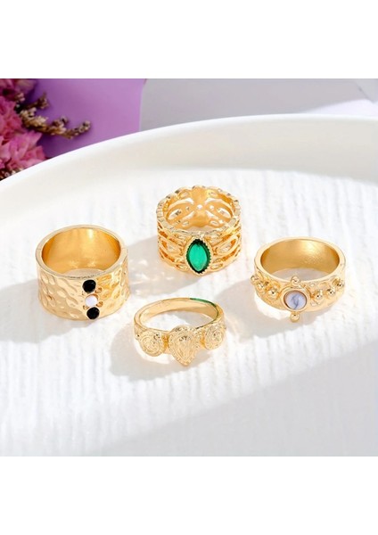Crown 4 Adet Gold Renkli Yeşil Taşlı Retro & Vintage Tasarım Çoklu Altın Yüzük Seti