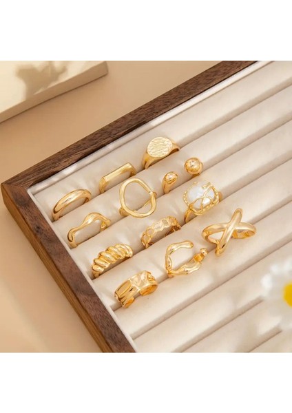 Luxor Gold 12 Adet Incili Fransız Tasarım Barok Tarz Vintage Çoklu Ayarlanabilir Altın Yüzük Seti fırsatları
