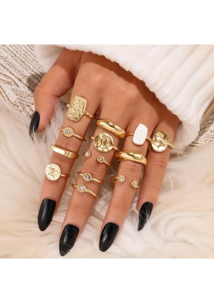 Stellis Gold - 13 Adet Kristal Taşlı Şık Tasarım Vintage Çoklu Ayarlanabilir Altın Yüzük Seti