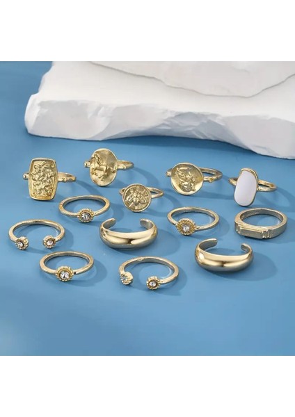 Stellis Gold - 13 Adet Kristal Taşlı Şık Tasarım Vintage Çoklu Ayarlanabilir Altın Yüzük Seti modelleri