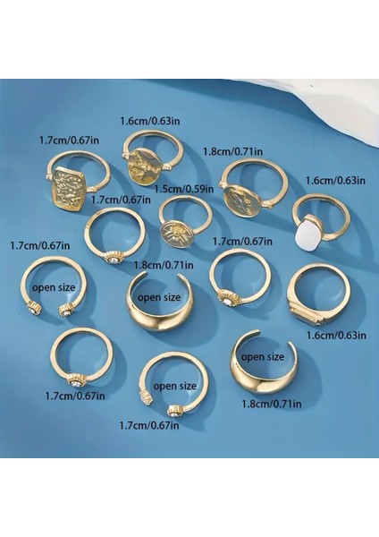 Stellis Gold - 13 Adet Kristal Taşlı Şık Tasarım Vintage Çoklu Ayarlanabilir Altın Yüzük Seti indirimleri