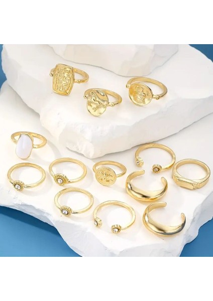 Stellis Gold - 13 Adet Kristal Taşlı Şık Tasarım Vintage Çoklu Ayarlanabilir Altın Yüzük Seti