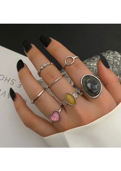 Passion Silver Gümüş Renkli Siyah Taşlı Vintage Bohem 6 Parça 6'lı Yüzük Seti