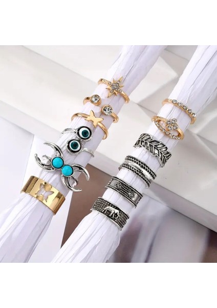 Morva 12 Adet Turkuaz Taşlı Vintage Çoklu Ayarlanabilir Gold Silver Ayak Parmak Yüzük Seti