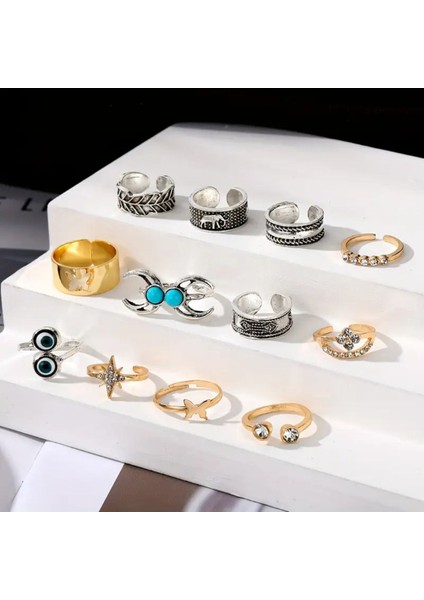 Morva 12 Adet Turkuaz Taşlı Vintage Çoklu Ayarlanabilir Gold Silver Ayak Parmak Yüzük Seti