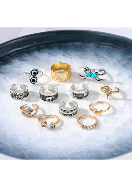 Morva 12 Adet Turkuaz Taşlı Vintage Çoklu Ayarlanabilir Gold Silver Ayak Parmak Yüzük Seti