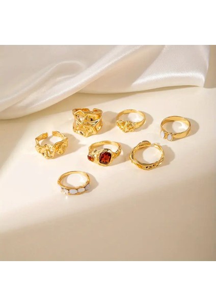 Rimelyn - 7 Adet Kristal Taşlı Düzensiz Geometrik Tasarım Vintage Çoklu Gold Altın Yüzük Seti modelleri