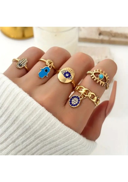 Terra- 5 Adet Şeytan Gözü Nazar Figürlü Şık Taşlı Tasarım Çoklu Gold Altın Vintage Yüzük Seti