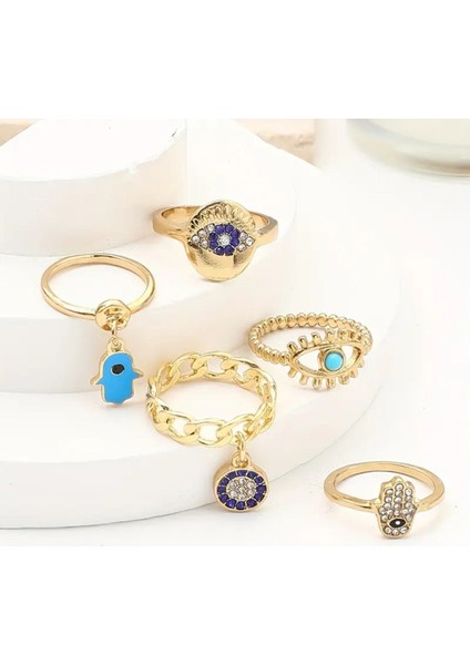 Terra- 5 Adet Şeytan Gözü Nazar Figürlü Şık Taşlı Tasarım Çoklu Gold Altın Vintage Yüzük Seti fiyatları