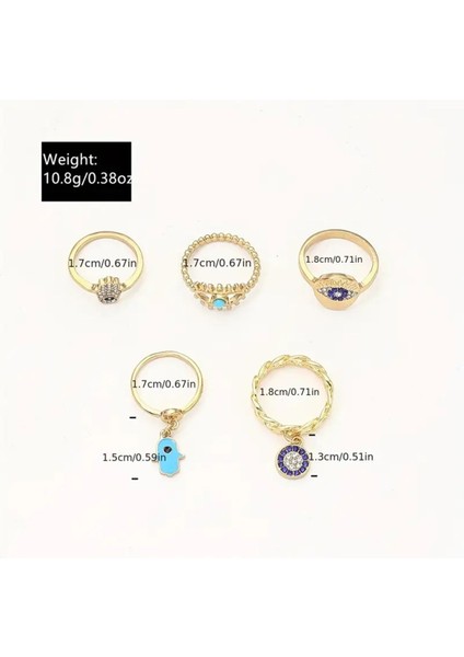 Terra- 5 Adet Şeytan Gözü Nazar Figürlü Şık Taşlı Tasarım Çoklu Gold Altın Vintage Yüzük Seti modelleri