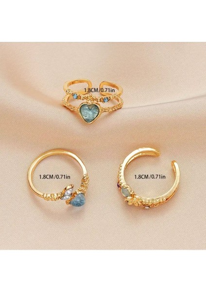 Luna 3 Adet Gold Aytaşı Romantik Zirkon Taşlı Parlayan Ayarlanabilir Tasarım Çoklu Altın Yüzük Seti fiyatları