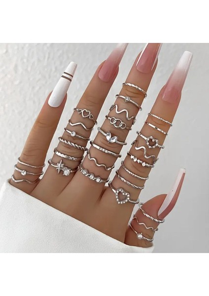 Style Gümüş 28 Parça Tasarım Silver Taşlı Çoklu Yüzük Seti