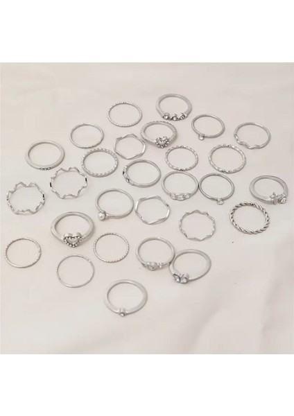 Style Gümüş 28 Parça Tasarım Silver Taşlı Çoklu Yüzük Seti indirimleri