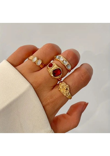 Olivien - 4 Adet Renkli Taşlı Retro Tasarım Çoklu Gold Altın Vintage Hediyelik Yüzük Seti