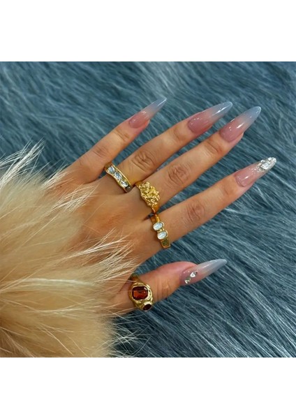 Olivien - 4 Adet Renkli Taşlı Retro Tasarım Çoklu Gold Altın Vintage Hediyelik Yüzük Seti modelleri