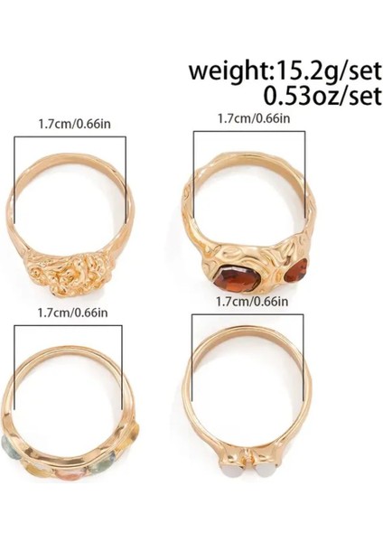 Olivien - 4 Adet Renkli Taşlı Retro Tasarım Çoklu Gold Altın Vintage Hediyelik Yüzük Seti fırsatları