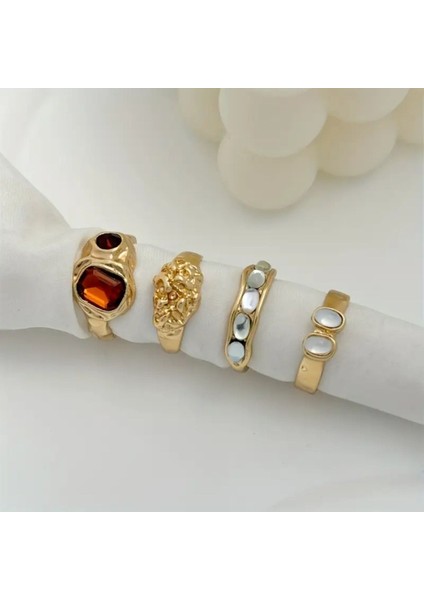Olivien - 4 Adet Renkli Taşlı Retro Tasarım Çoklu Gold Altın Vintage Hediyelik Yüzük Seti indirimleri