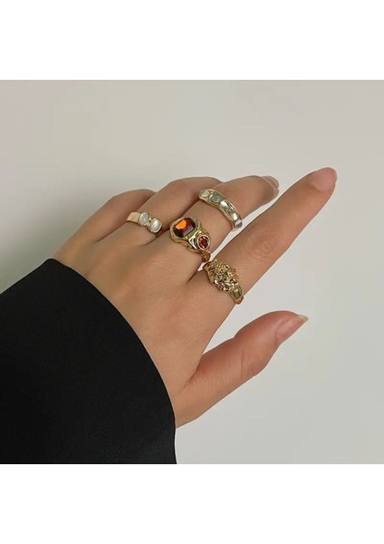 Olivien - 4 Adet Renkli Taşlı Retro Tasarım Çoklu Gold Altın Vintage Hediyelik Yüzük Seti
