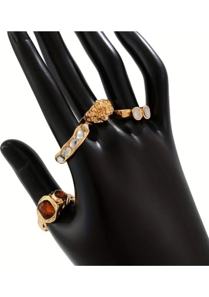 Olivien - 4 Adet Renkli Taşlı Retro Tasarım Çoklu Gold Altın Vintage Hediyelik Yüzük Seti
