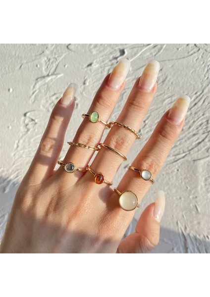 Bliss Gold Altın Renkli Kristal Taşlı Şık Modern Bohem 8 Parça 8'li Yüzük Seti