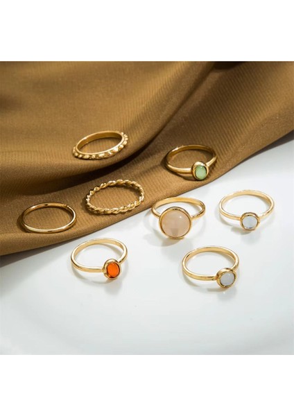 Bliss Gold Altın Renkli Kristal Taşlı Şık Modern Bohem 8 Parça 8'li Yüzük Seti modelleri