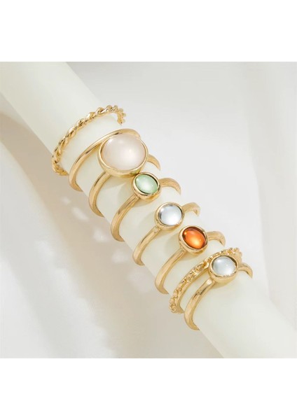 Bliss Gold Altın Renkli Kristal Taşlı Şık Modern Bohem 8 Parça 8'li Yüzük Seti fırsatları