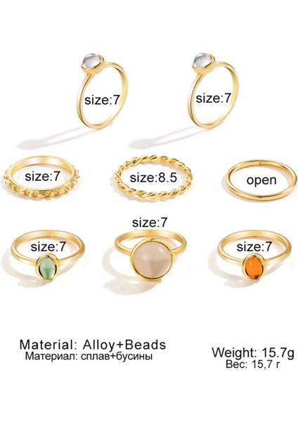 Bliss Gold Altın Renkli Kristal Taşlı Şık Modern Bohem 8 Parça 8'li Yüzük Seti