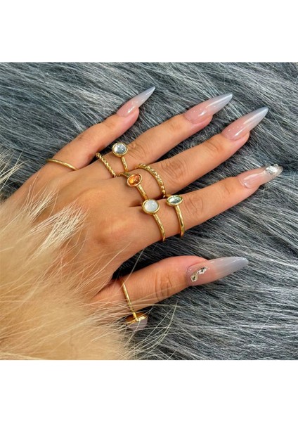 Bliss Gold Altın Renkli Kristal Taşlı Şık Modern Bohem 8 Parça 8'li Yüzük Seti