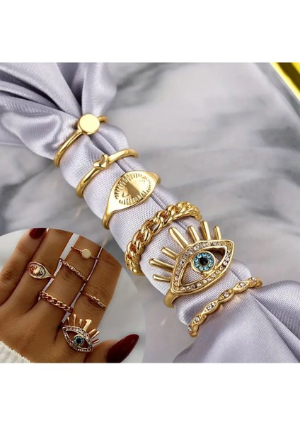 Silva 6 Adet Kristal Taşlı Geometrik Tasarım Kalp Nazar Figürlü Vintage Çoklu Gold Altın Yüzük Seti