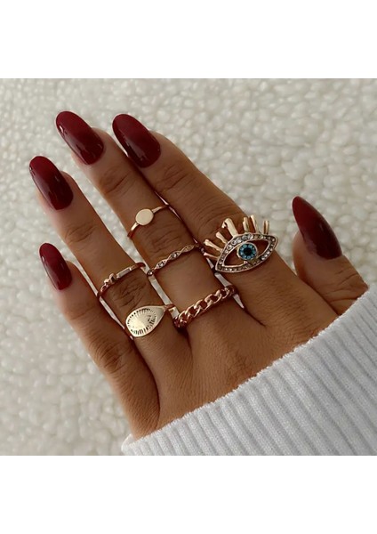Silva 6 Adet Kristal Taşlı Geometrik Tasarım Kalp Nazar Figürlü Vintage Çoklu Gold Altın Yüzük Seti fiyatları