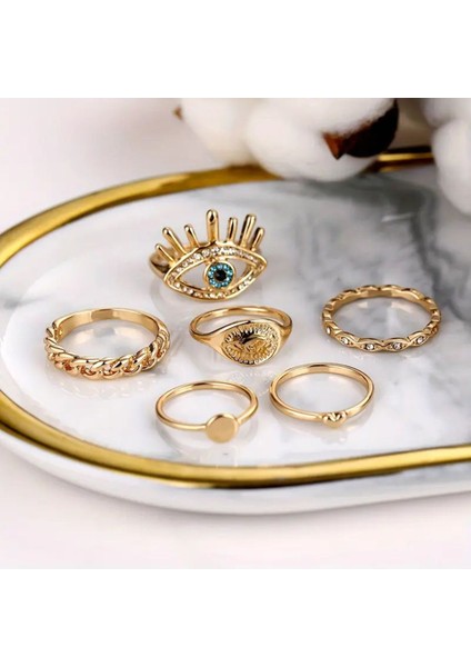 Silva 6 Adet Kristal Taşlı Geometrik Tasarım Kalp Nazar Figürlü Vintage Çoklu Gold Altın Yüzük Seti modelleri