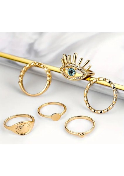 Silva 6 Adet Kristal Taşlı Geometrik Tasarım Kalp Nazar Figürlü Vintage Çoklu Gold Altın Yüzük Seti fırsatları