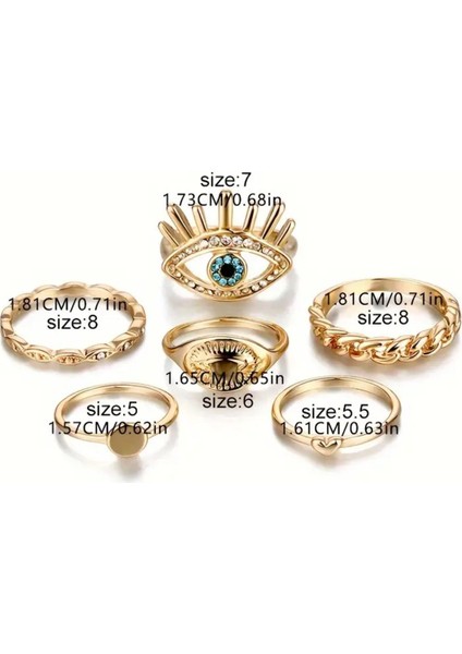 Silva 6 Adet Kristal Taşlı Geometrik Tasarım Kalp Nazar Figürlü Vintage Çoklu Gold Altın Yüzük Seti indirimleri