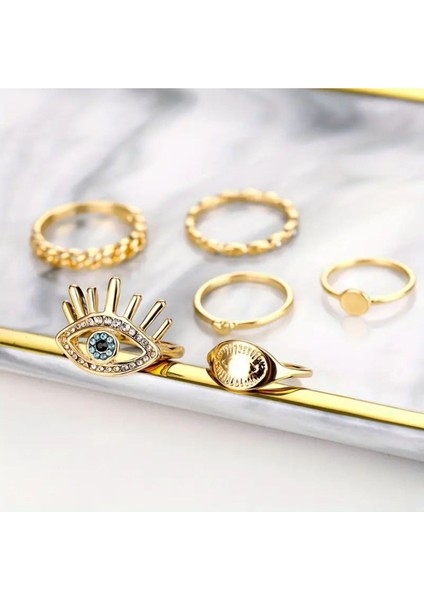 Silva 6 Adet Kristal Taşlı Geometrik Tasarım Kalp Nazar Figürlü Vintage Çoklu Gold Altın Yüzük Seti