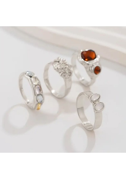 Olivien Gümüş - 4 Adet Renkli Taşlı Retro Tasarım Çoklu Silver Vintage Hediyelik Yüzük Seti fiyatları