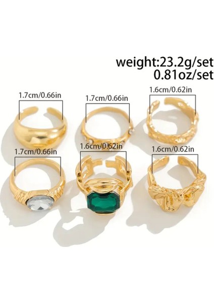 Lume - 6 Adet Yeşil Kristal Taşlı Retro Tasarım Çoklu Ayarlanabilir Gold Altın Yüzük Seti modelleri