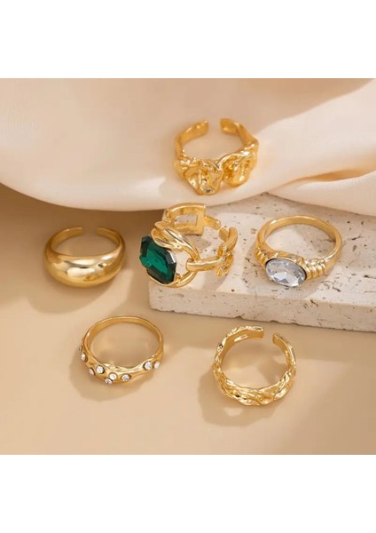 Lume - 6 Adet Yeşil Kristal Taşlı Retro Tasarım Çoklu Ayarlanabilir Gold Altın Yüzük Seti fırsatları