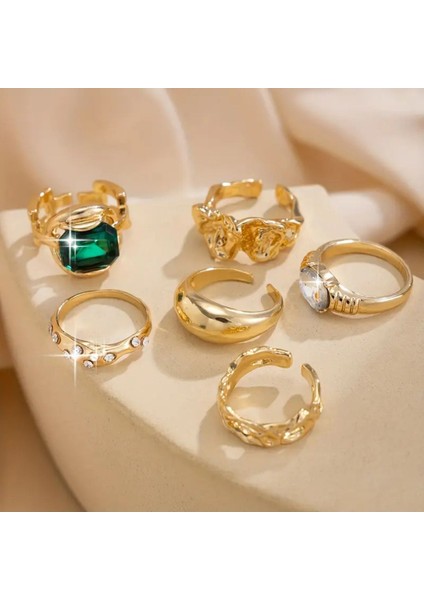Lume - 6 Adet Yeşil Kristal Taşlı Retro Tasarım Çoklu Ayarlanabilir Gold Altın Yüzük Seti indirimleri